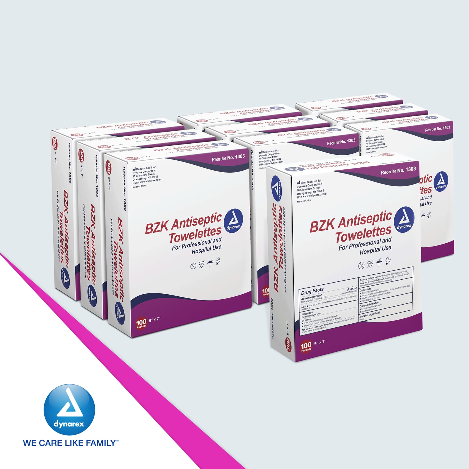 Dynarex BZK Antiseptic Towelettes, Moist Sanitizing Towelettes Designed to Protect Minor Wounds, 5" x 7", Disposable & Individually Wrapped, 1 Case - 10 Boxes of 100 Towelettes