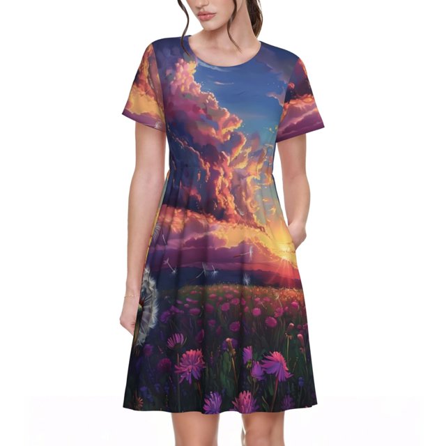 Balery Dreamy Dandelion Sunset Vestidos sueltos de manga corta para mujer, vestidos de verano 2025, vestidos casuales de corte A con vuelo.
