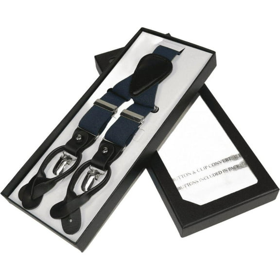 ELEGANT Suspenders Clip on and Button Option for Slacks or Suit Pants Navy Blue