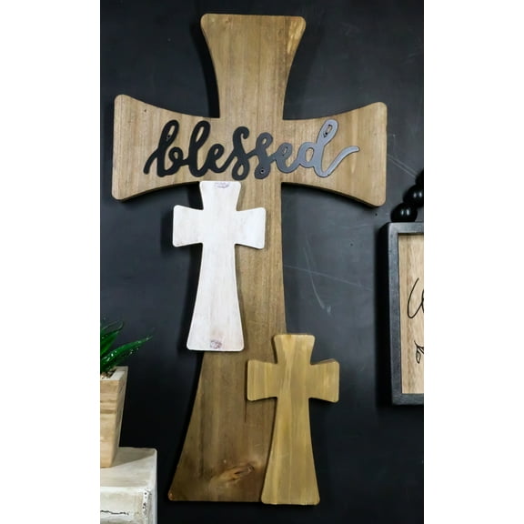 Rustic Western Wooden Blessed 3 Layered Multi Colored Wall Cross Decor Plaque