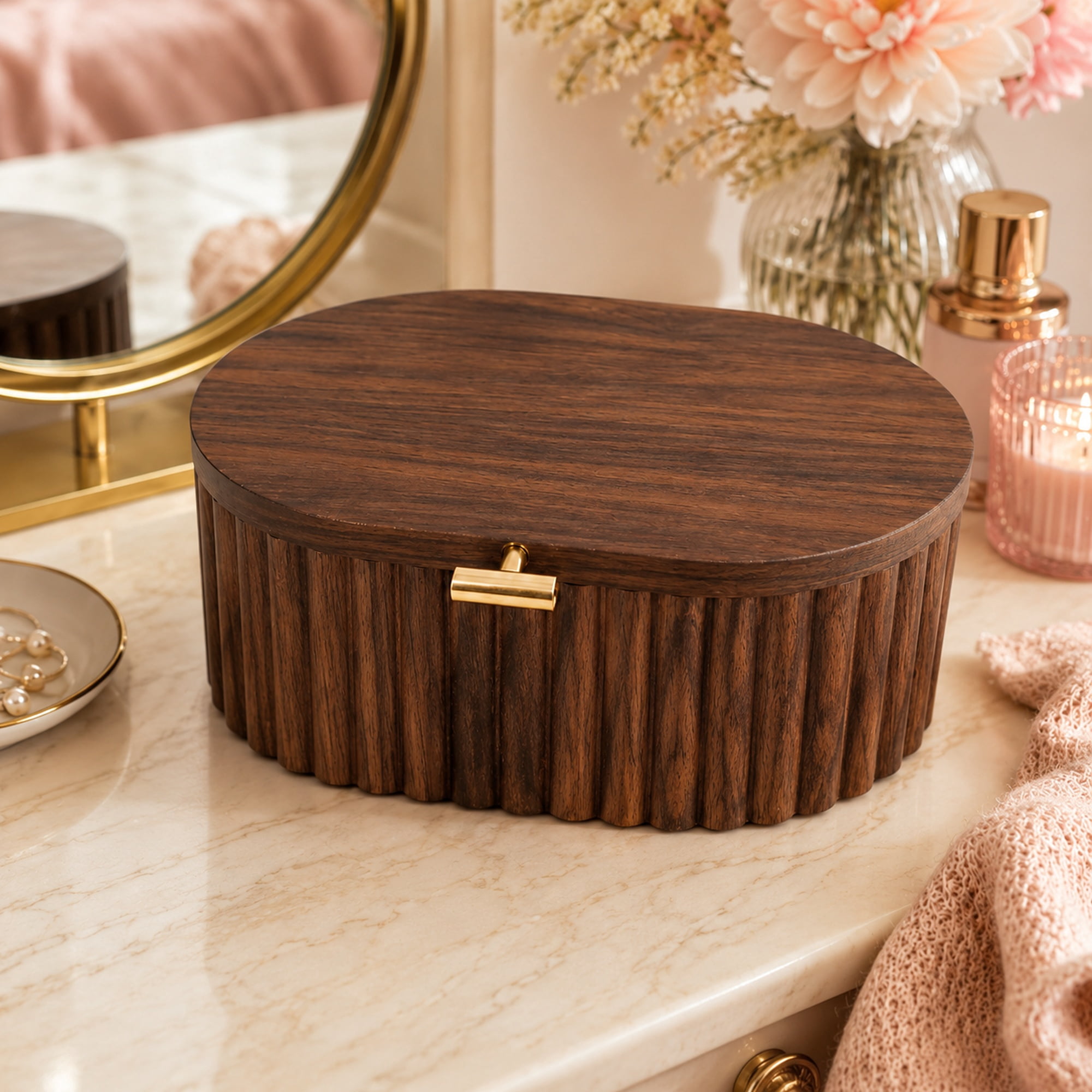 Better Homes & Gardens Oval Scalloped Wood Jewelry Box with Lid, Natural, Decorative Storage