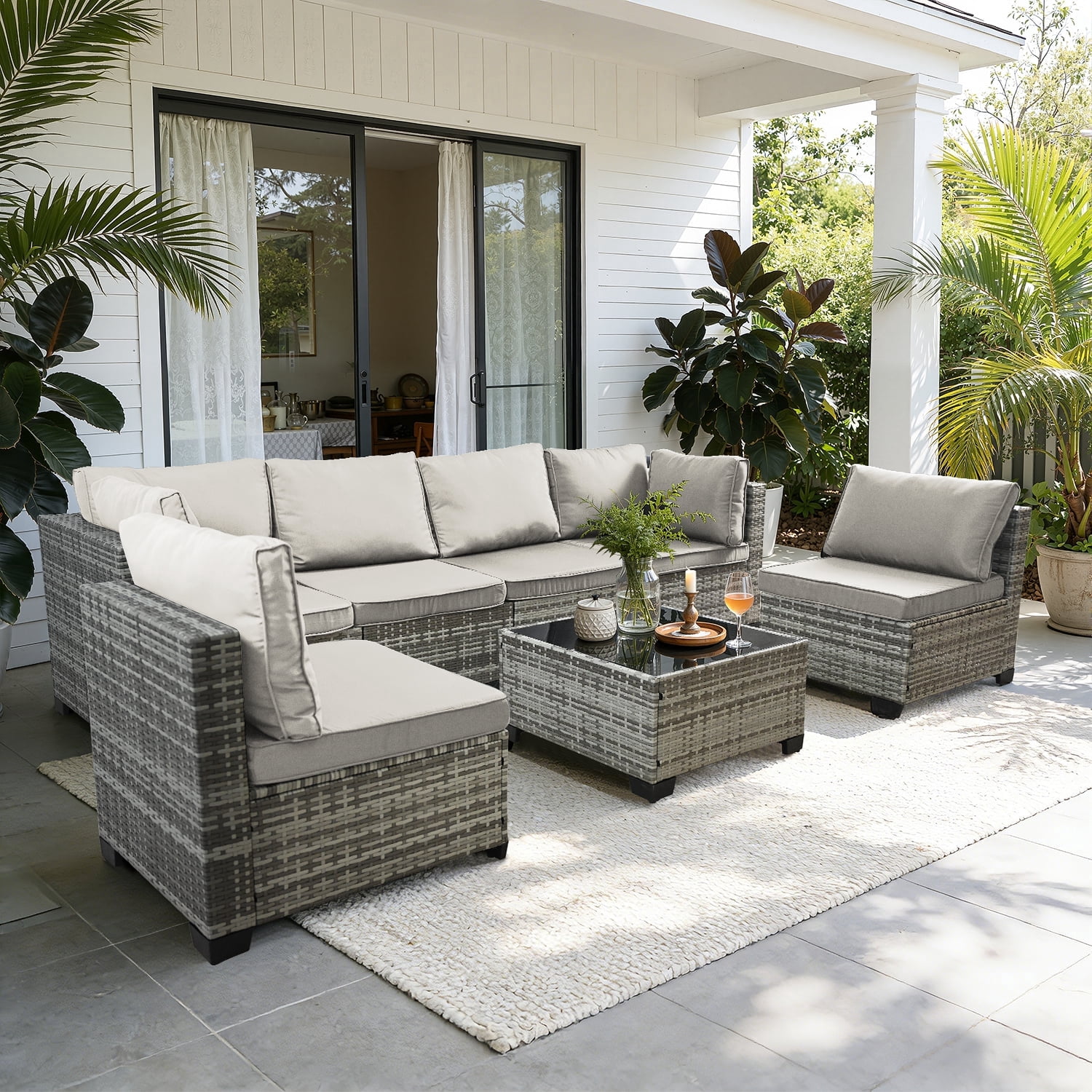 AstrPthylx 7-Piece Patio Sectional Set with Coffee Table, All-Weather Outdoor PE Rattan L-Shaped Sofa & Cushions for Garden, Backyard (Beige)