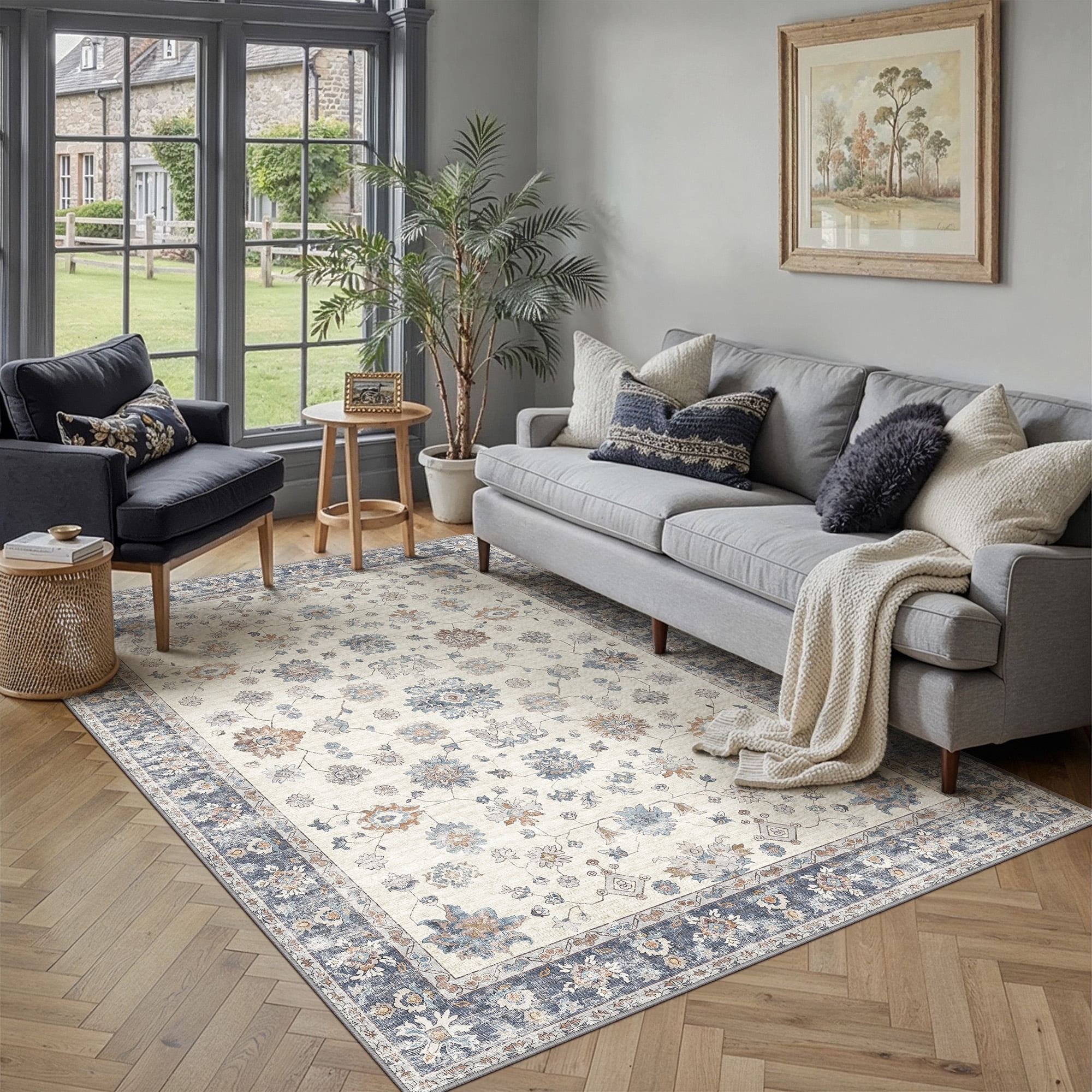 BERTHMEER 9'x12' Large Area Rugs for Living Room Bedroom Office Blue Vintage Non Slip Washable Farmhouse Dining Room Oriental Traditional Distressed Rugs