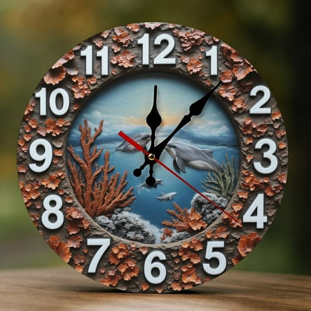 Wall Clock Decorative - Dolphins in Coral Sea Print 2D Vintage Wall Clocks Battery Operated Silent Non-Ticking for Bedroom, Living Room, Kitchen, Office, Classroom, 10 Inch