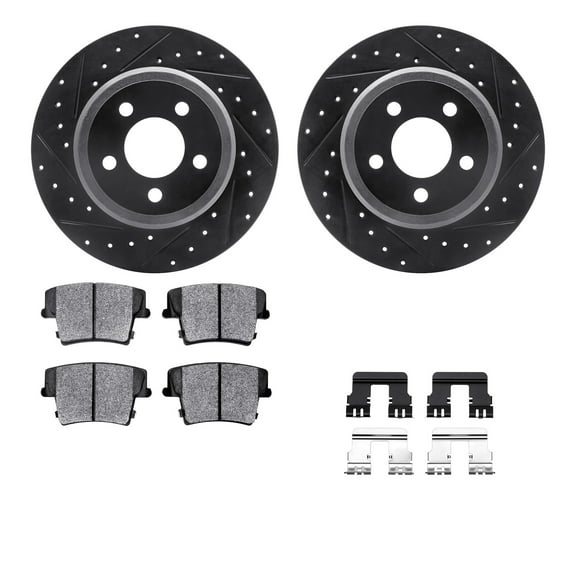 Dynamic Friction Company Front Brake Rotors Drilled and Slotted Black with Heavy Duty Brake Pads includes Hardware - 8212-99084