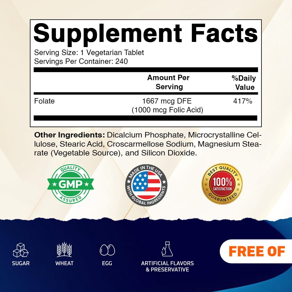Vitamatic Folic Acid 1000 mcg (1 mg) - 240 Vegetarian Tablets - 1667 mcg DFE - Vitamin B9