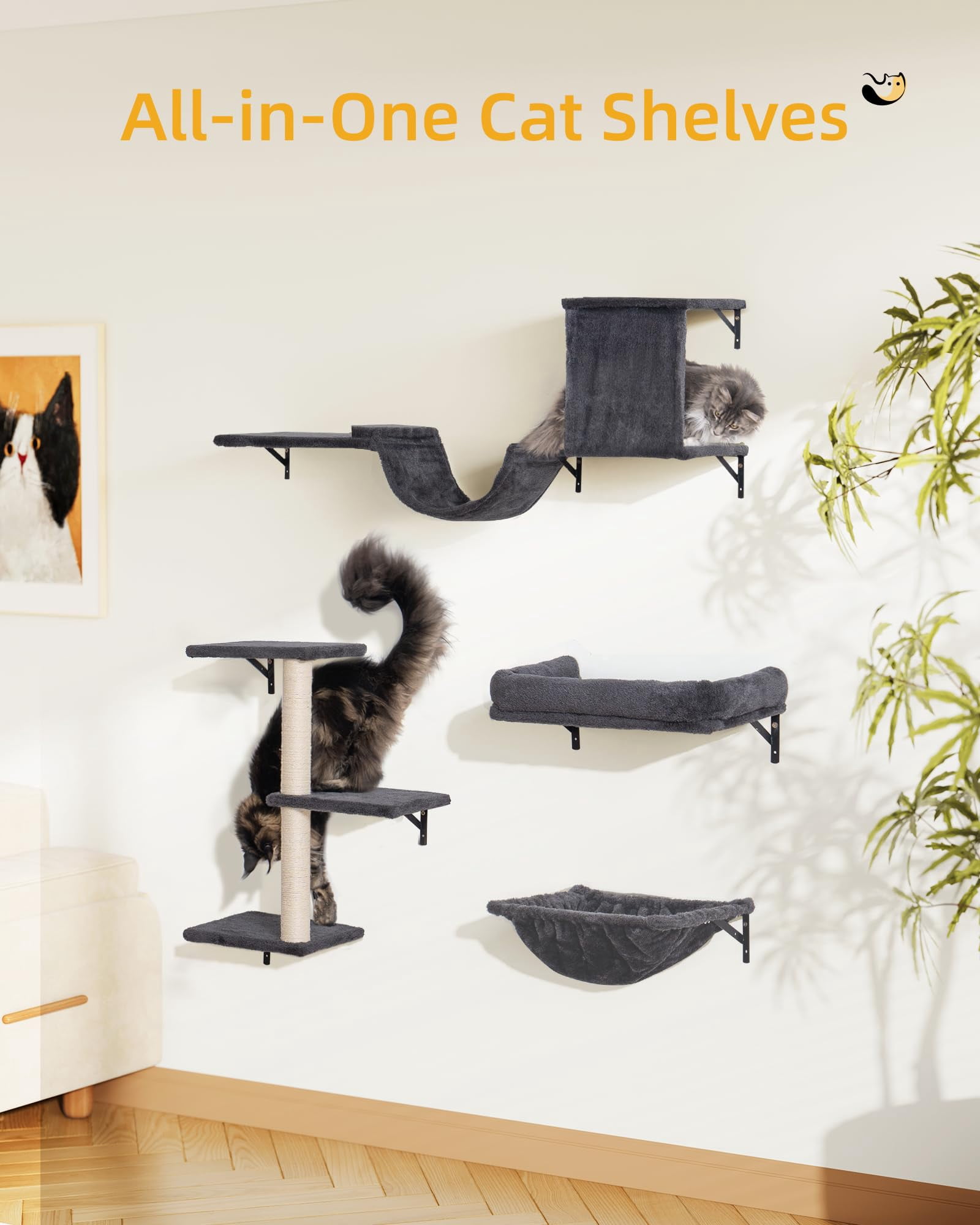 Wall-Mounted Cat Climbing Set 5-in-1 Perch and Hammock for Indoor Adult Cats