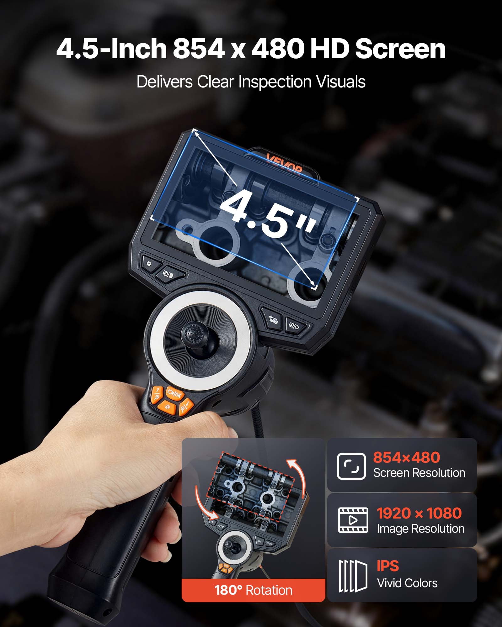 VEVOR 4-Way Articulating Endoscope with Light, True 1080P HD Industrial Borescope Inspection Camera with Articulated Probe, Flexible Snake Scope Cam for Wall Automotive Engine Inspect-4.9FT
