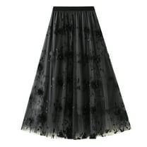 Lu's Chic Women's Tulle Skirt Tutu Floral Printed Tea-length Elastic Waist A-line High Waisted Layered Mesh Midi Length Pleated Skirts Black One Size