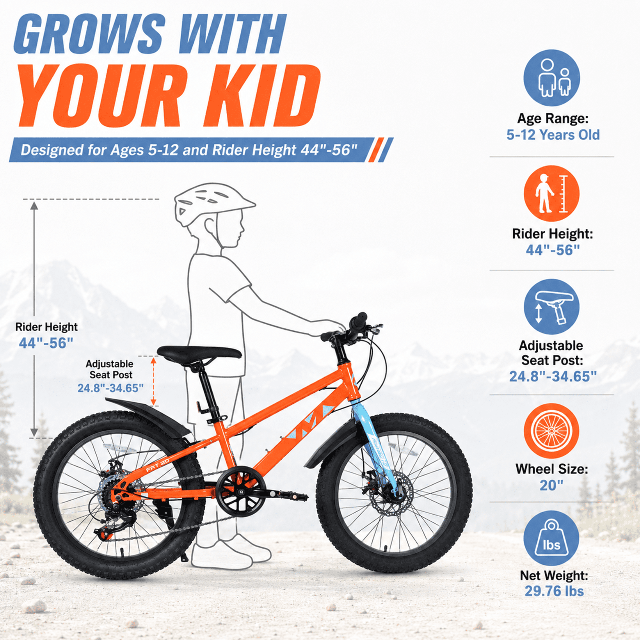 20 Inch Kids Mountain Bike with 3.0 Fat Tires, 7-Speed Drivetrain and Dual Disc Brakes, High-Carbon Steel Frame Children’s Bicycle for Boys and Girls Ages 5-12, Orange