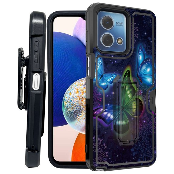 ANJ  Rugged Shockproof Kickstand Hybrid Case with Card Slot and Holster   Tempered Glass Cover for Motorola Moto G Stylus 5G (2023) - Twilight Butterfly