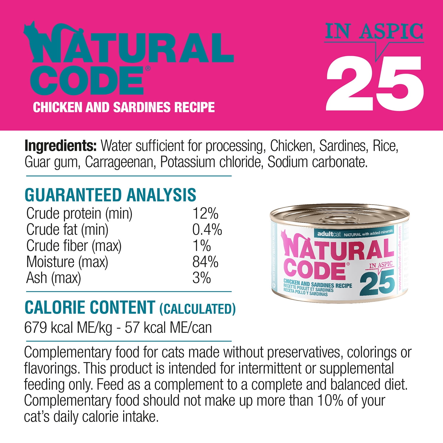 Natural Code - Wet Cat Food, Limited Ingredient Cat Food, High-Protein, Non-GMO, No Artificial Additives, Made In Italy, Chicken & Sardines in Aspic for Adult Cats (3 oz, 24 Pack)