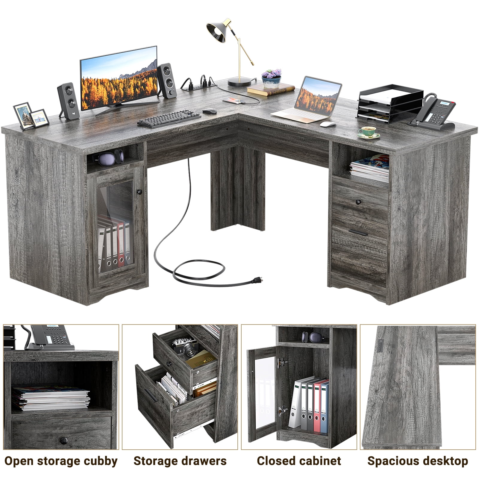 Homieasy L Shaped Desk with Power Outlet and USB Ports, 60 Inch Corner Computer Desk with Drawers and Storage Shelves, Large 2 Person Study Table L-Shaped Office Desk with File Cabinets, Black Oak
