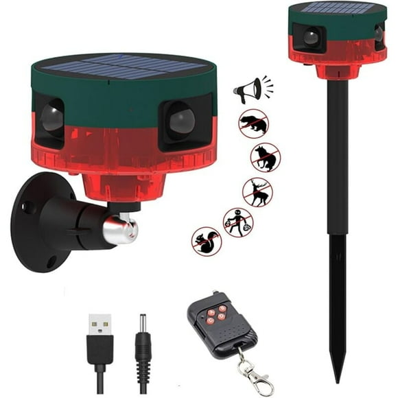 Solar Outdoor Motion Sensor Alarm-Dog Barking&Gunshot Sound,130db Loud Noise Maker,Support Recording,13 Kinds of Sound Strobe Light with USB,Say Goodbye to The Intruders