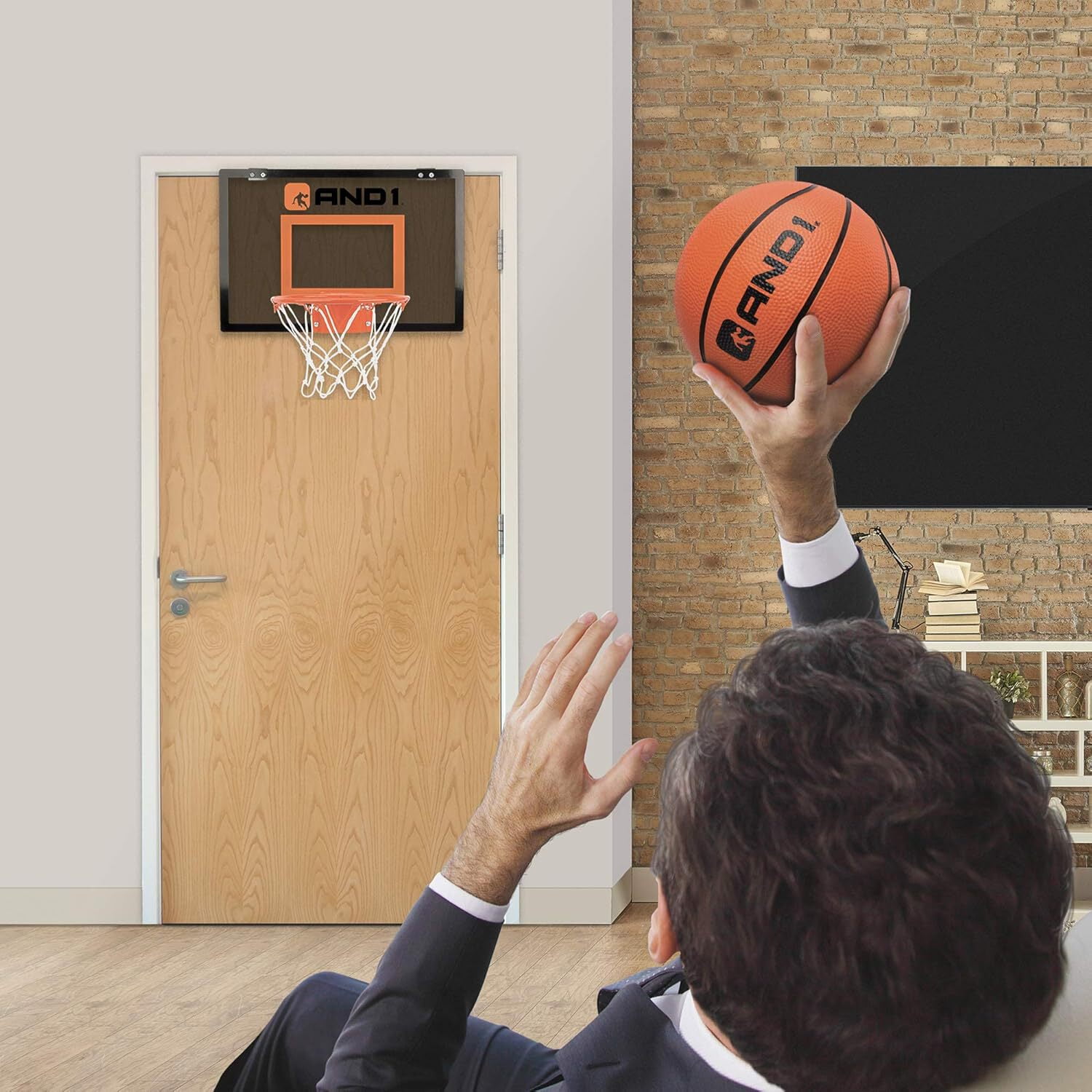 AND1 Over the Door Mini Basketball Hoop Set, 18"x12" Shatterproof Backboard, 1 Mini Basketball, No Tools Indoor Use