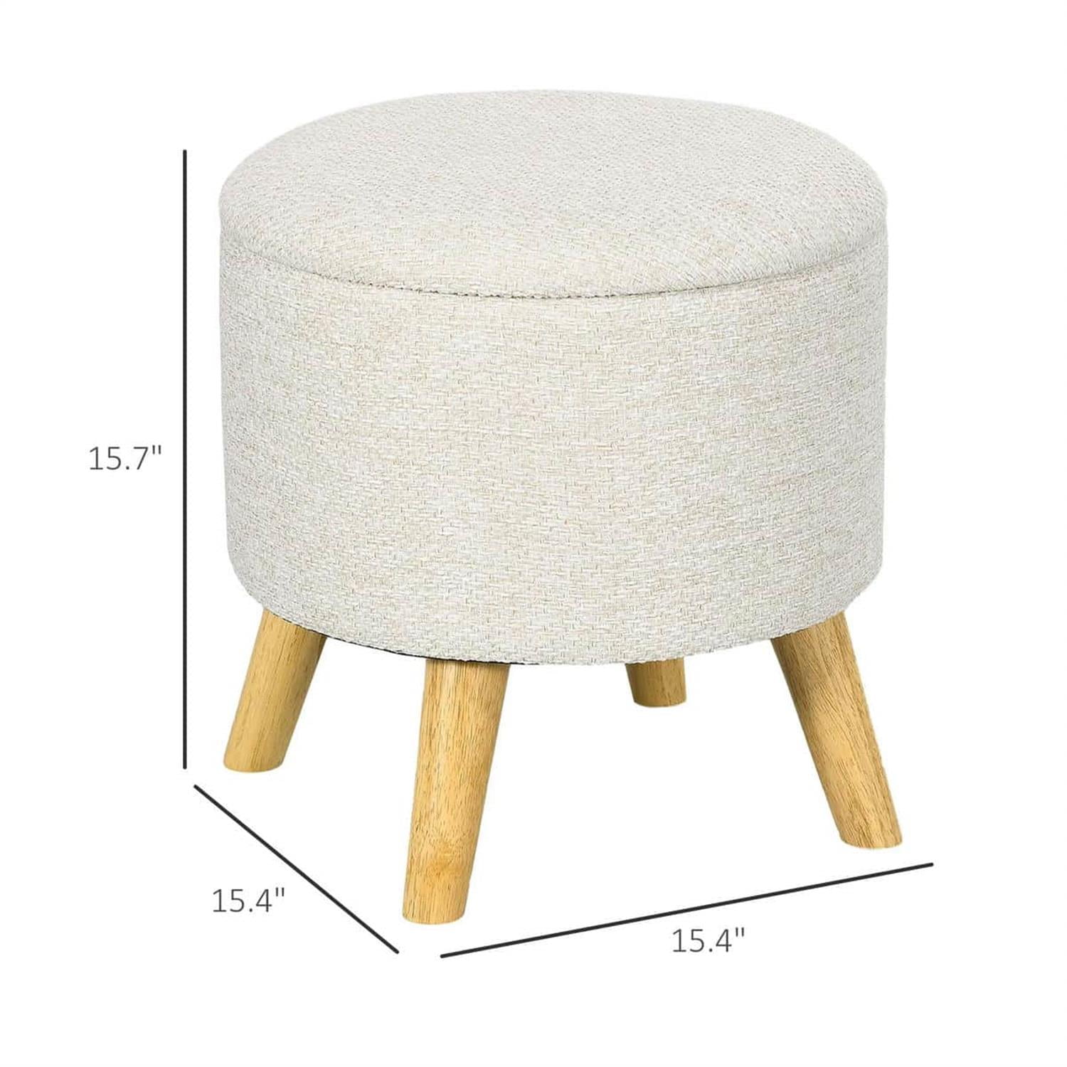 Demi Bonn 15" Ottoman Stool with Hidden Storage, Wood Legs, Linen Upholstered Footstool, Padded Seat, Space-Saving, White