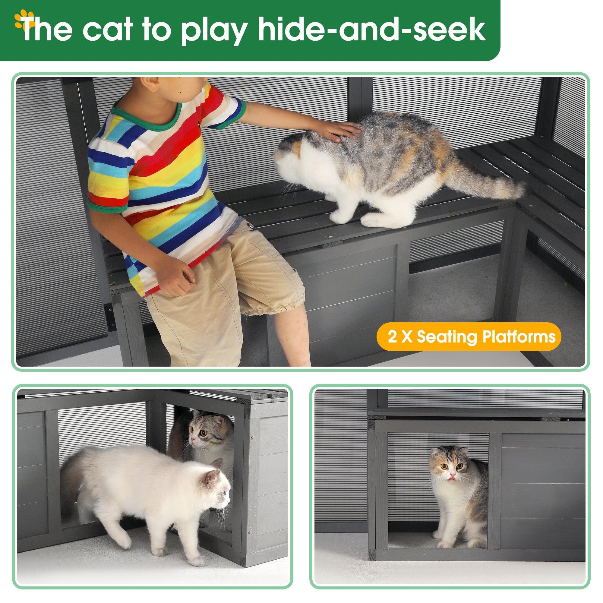 Pefilos 108.7" Outdoor Wood Cat Cage, Catio Enclosure Large Cat Run House for Multiple Pets, Kitten Kennel with Bouncy Bridge, Platforms, Small Houses, Sunshine Panel, Gray Pefilos 108.7" Outdoor Wood Cat Cage, Catio Enclosure Large Cat Run House for Multiple Pets, Kitten Kennel with Bouncy Bridge, Platforms, Small Houses, Sunshine Panel, Gray