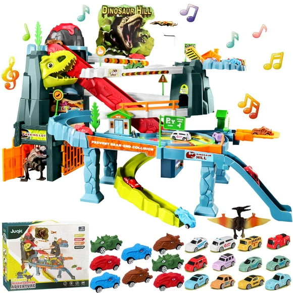 Juqic Rampa De Coche De Juguete para Niños Pista Dinosaur Spray Hills Adventure Railcar Slot Car Vehicle Race Play Set con 20 Mini Coches para Niños En Edad Preescolar Rompecabezas Regalos Niños De 3