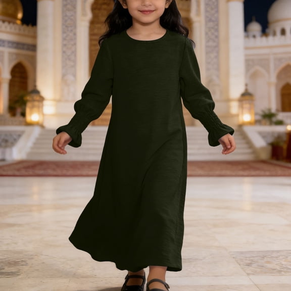 Weebloom Girls' Dresses Long Sleeve Elegant Dress With Floral Lace Hem Round Neck Pure Color Party Gown Celebrations Army Green Girls Dresses