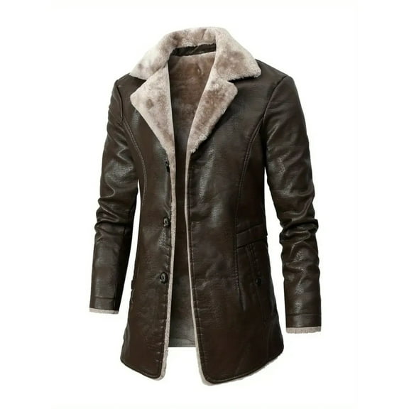 Men's Casual Warm PU Leather Jacket, Chic Fleece Lined Blazer Biker Jacket For Fall Winter Business