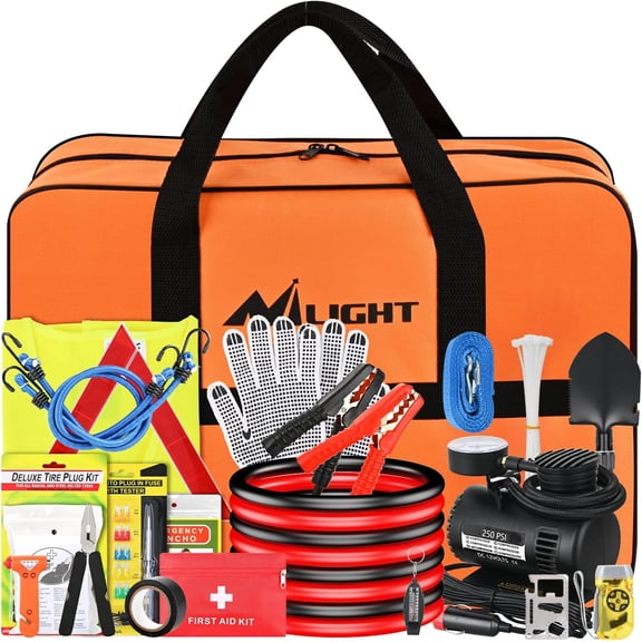 Nilight Car Emergency Kit with Jumper Cable Air Compressor Tire Repair Essential Tools First Aid Alligator Connector Electrical Kit for Travel Camping Outdoor Cars Truck SUV RV