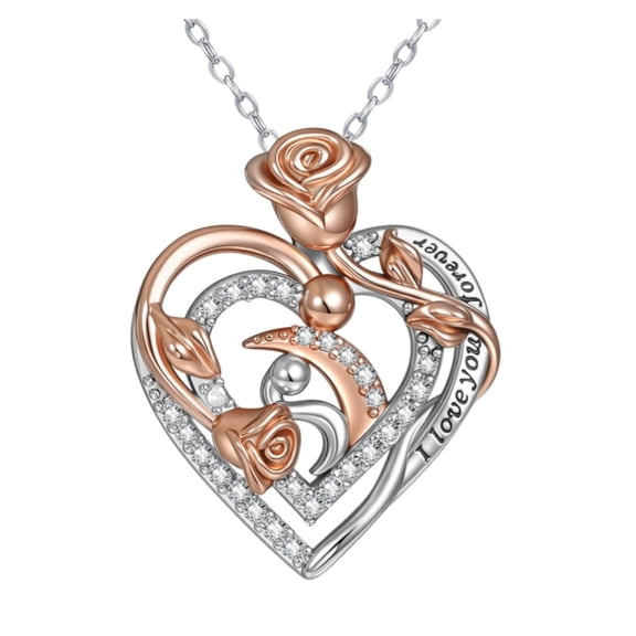 Women's Heart Rose Pendant Necklace with Sparkling Rhinestone Accents
