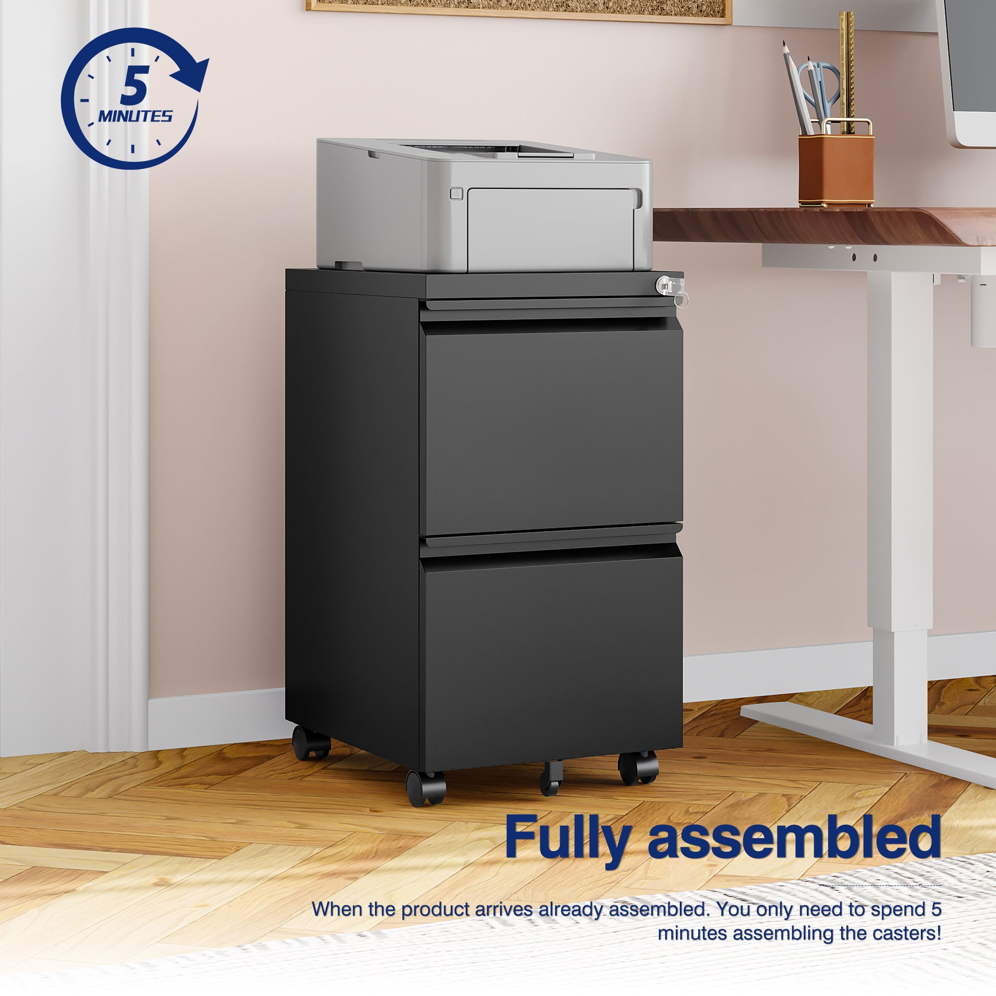 AUHUP 2 Drawer Mobile File Cabinet with Lock, Metal Filing Cabinet with Wheels for Legal/Letter/A4 File, Under Desk File Cabinets for Home Office, Black,Fully Assembled