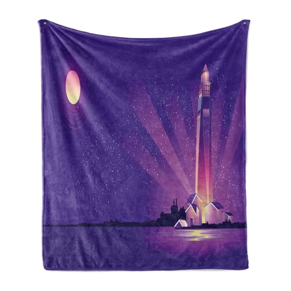 Moon Rays Soft Flannel Fleece Throw Blanket, Lighthouse and Coast Under Starry Night, Cozy Plush for Indoor and Outdoor Use, 70" x 90", Blue Violet Pale Pink, by Ambesonne