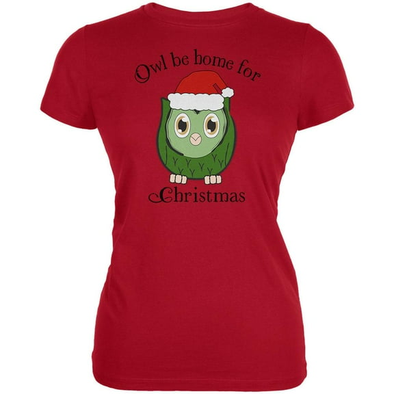 Owl I'll Be Home For Christmas Juniors Soft T Shirt Red LG