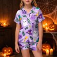 thumbnail image 2 of Cdudpw Halloween Girl Silk Pajamas Sets Ghost Halloween Print Button Up Shirt and Shorts Sleepwear 2 Piece Pjs Outfits(A031-Light Purple), 2 of 5