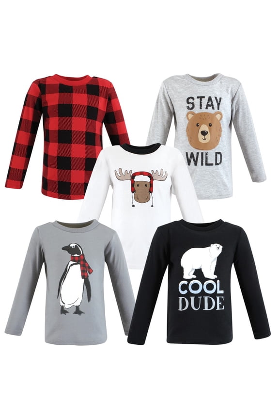 Infant and Toddler Boy Long Sleeve T-Shirts, Winter Penguin Moose, 4 Toddler