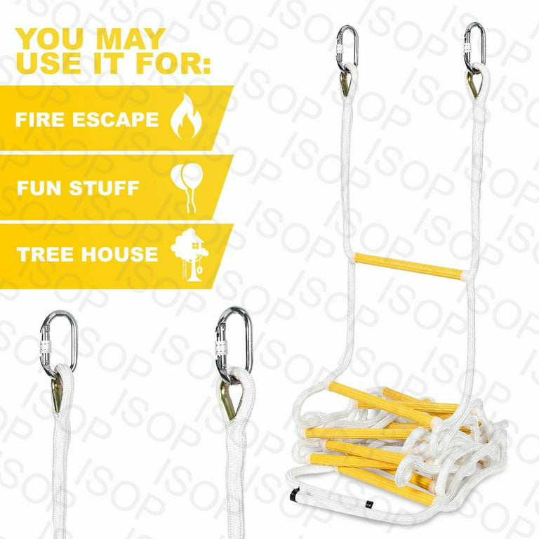 ISOP Emergency Fire Escape Ladder 8 ft Flame Resistant Safety Rope Ladder  With Hooks – Fast To Deploy & Easy To Use - Compact & Easy to Store -  Reusable - Weight