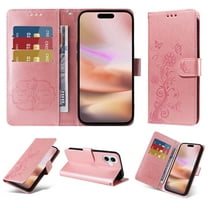For iPhone 16 Case Wallet, Stylish Flower Butterfly Embossed PU Leather Flip Cover Stand Shockproof Cards Slots Hand Wrist Phone Case for Apple iPhone 16, Pink