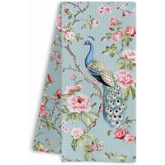 Chinoiserie Floral Peacock Kitchen Towels - Blue Decorative Hand Towels for Kitchen and Bathroom Decor - 16x24 Inches