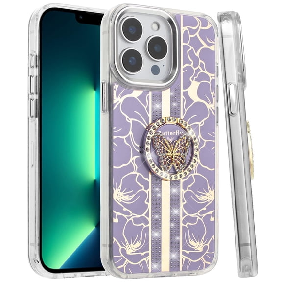 XPM for Apple iPhone 15 Pro Max Phone Case, Diamonds 3D Butterfly Floral Design Bling Sparkly Glitter Hybrid Metal Fashion with Ring Stand Cover for iPhone 15 Pro Max (Purple)