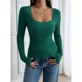 thumbnail image 4 of Womens Long Sleeve Shirts Square Neck Ribbed Knit Crop Tops Fall Outfits Fashion Clothes Green XS, 4 of 9