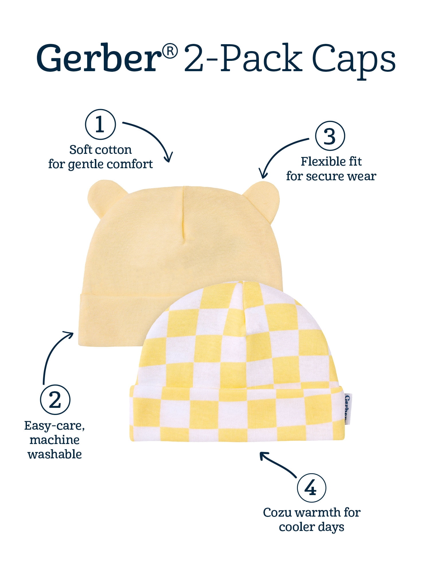 Gerber Baby Boy or Girl Neutral Cotton Caps, 2-Pack, Sizes Newborn - 0/6 Months