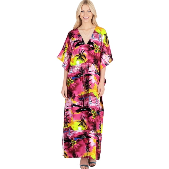 HAPPY BAY Women's Summer Loungewear Casual Kaftan Beach Cover Up Slit Dress Maxi Dresses Caftans for Women 2X-3X Fuscia, Palm Tree
