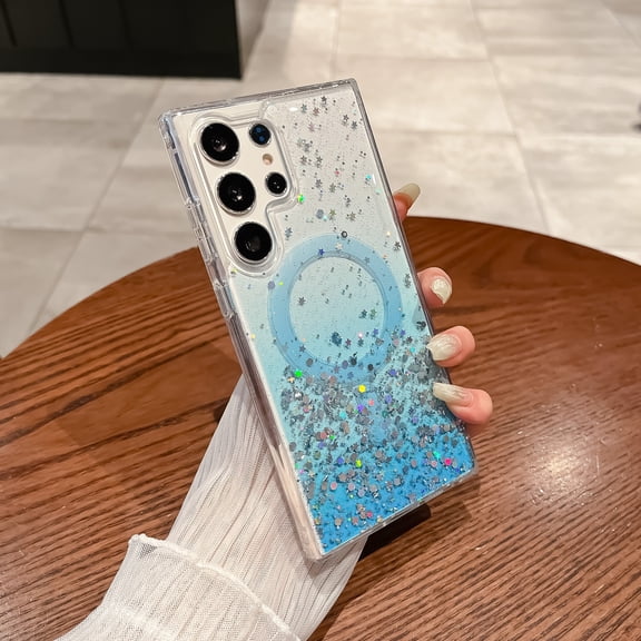 for Samsung Galaxy S24 Ultra Case Glitter, Compatible with MagSafe Magnetic Clear Phone Cases for Women Girls, Camera Lens Protection Sparkle Shockproof Protective Transparent Slim Cover, Blue