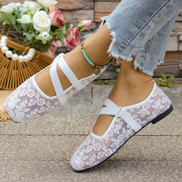 YOUYEDIAN Womens Mary Jane Shoes Spring Comfortable Business Low Heels Flats Shoes Non Slip Slip on Wide Closed Toe Ballet Walking Shoes (White)