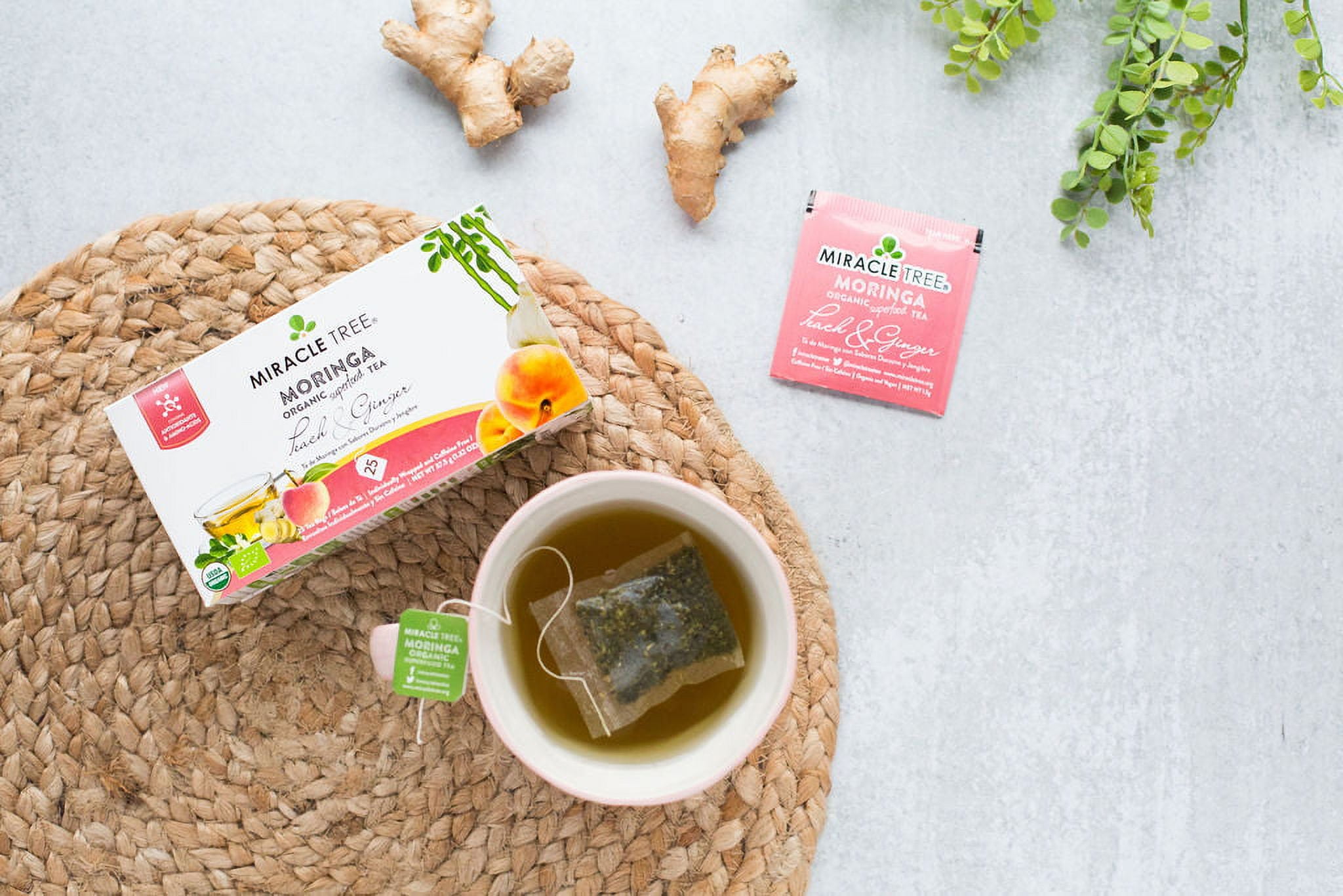 Miracle Tree Organic Superfood Herbal Moringa Tea, Peach & Ginger, 25 Enveloped Tea Bags, 6 Count