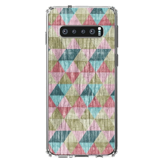 DistinctInk Clear Shockproof Hybrid Case for Samsung Galaxy S10 (6.1" Screen) - TPU Bumper, Acrylic Back, Tempered Glass Screen Protector - Multi Color Rainbow Wood Print - Printed Wood Grain Image