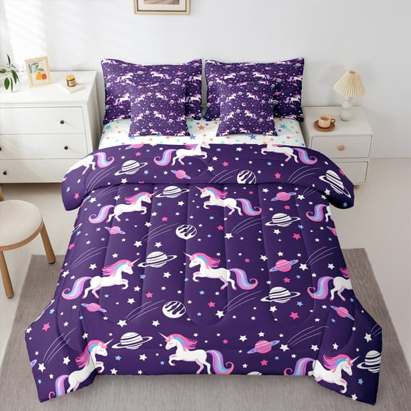 Manfei Cute Cartoon Unicron 7-Piece Twin Bedding Sets,Planet Stars Print Bedding Comforter Set,Purple White Pink Sheet Sets For Girls,Luxury Bedroom Decor Reversible