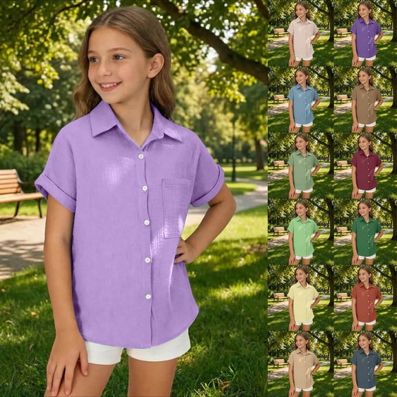 Aihuaihua Boys Button Down Linen Shirt Short Sleeve Tops for Girls Summer Beach Casual Collared Blouse Soft Tunic Tees with Pocket Purple 15-16 Years