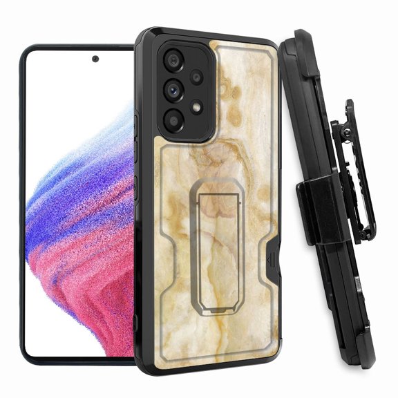 ANJ  Rugged Shockproof Hoster Case w/Card Slot, Kickstand   Tempered Glass Cover for Samsung Galaxy A33 5G - Yellow Marbling