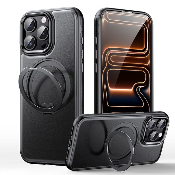 ELEHOLD For iPhone 16 Pro Max Magnetic Case, Wireless Charging Compatible, Luxury PU Leather Business Shockproof 360° Rotating Ring Kickstand Cover,Black