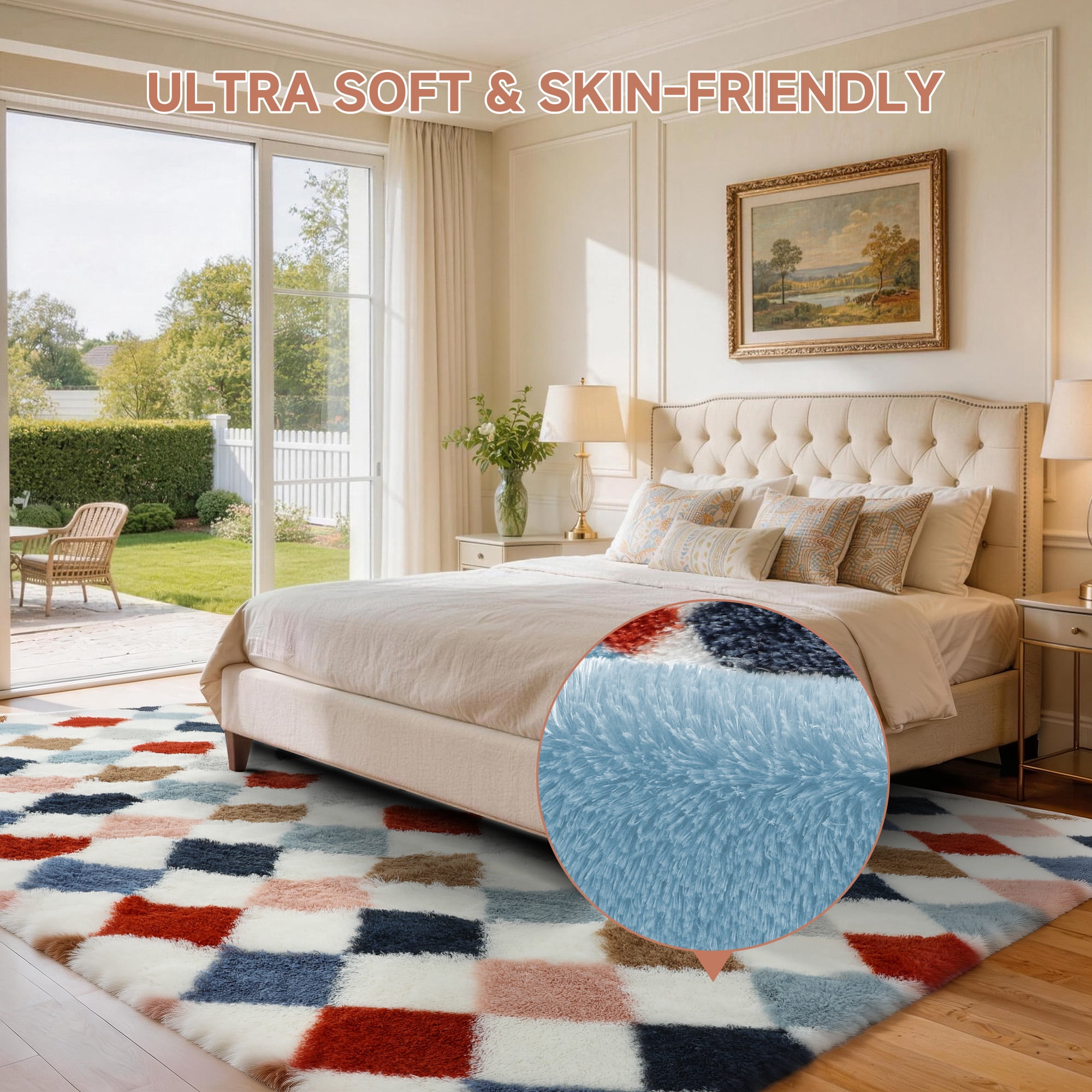 CozyDesg 5ftx7ft Area Rugs,Shag Fluffy Checkered Rugs for Living Room,Bedroom,Modern Room Decor Carpet, Non-Slip Floor Rug,Colorful B