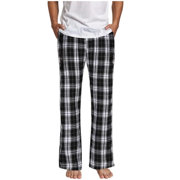 Wyobmus Men's Flannel Lounge Pants Loose Plaid Pants Casual Straight Drape Wide Leg Drawstring Pants Black