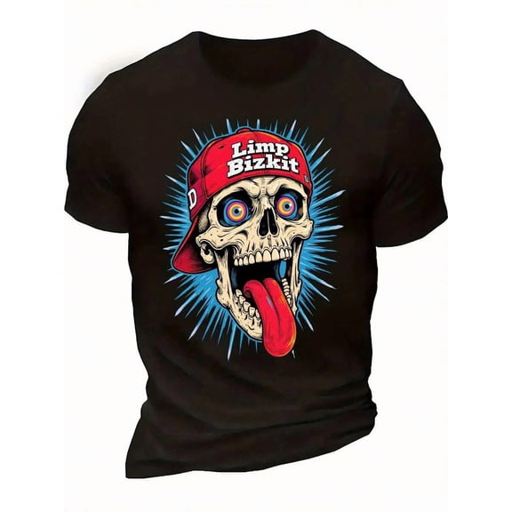 Men'S Limp Bizkit Skull Graphic T-Shirt - Black Crew Neck Tee With Red Hat Skull, Soft Breathable Cotton Shirt For Concerts, Festivals, Everyday