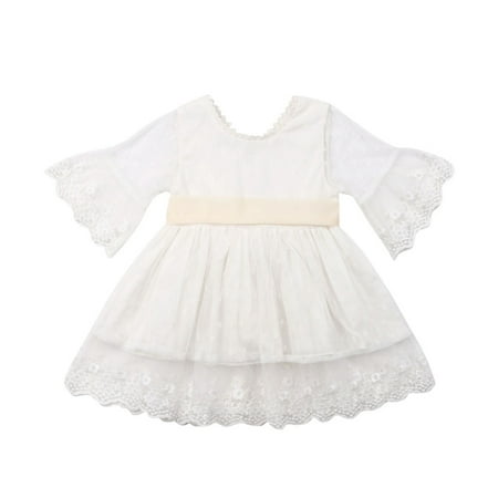 

Inevnen Flower Baby Girls Tutu Dress Princess Flare Sleeves Lace Layered Bowknot Party Wedding Dresses
